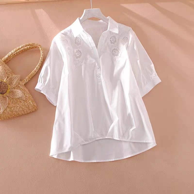 夏季新款重工刺绣 衬衫女洋气百搭宽松纯棉五分短袖气质上衣