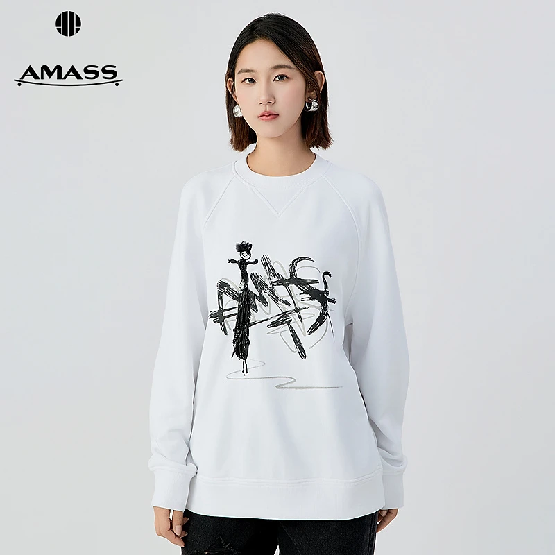 阿玛施AMASS休闲百搭钉珠印花甜蜜时光圆领廓形长袖卫衣5301072