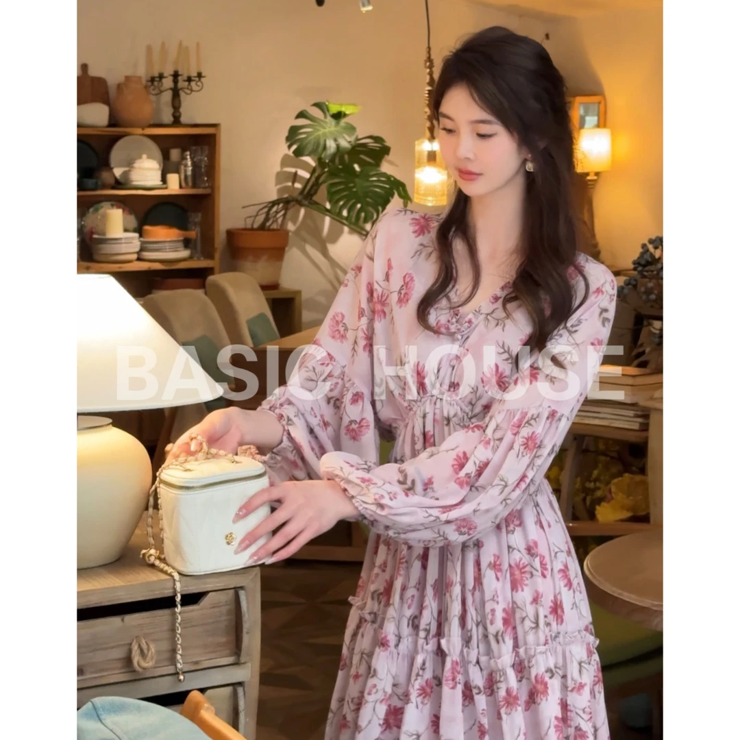 Basic House/百家好春夏新款气质小众设计感粉色碎花连衣裙女A