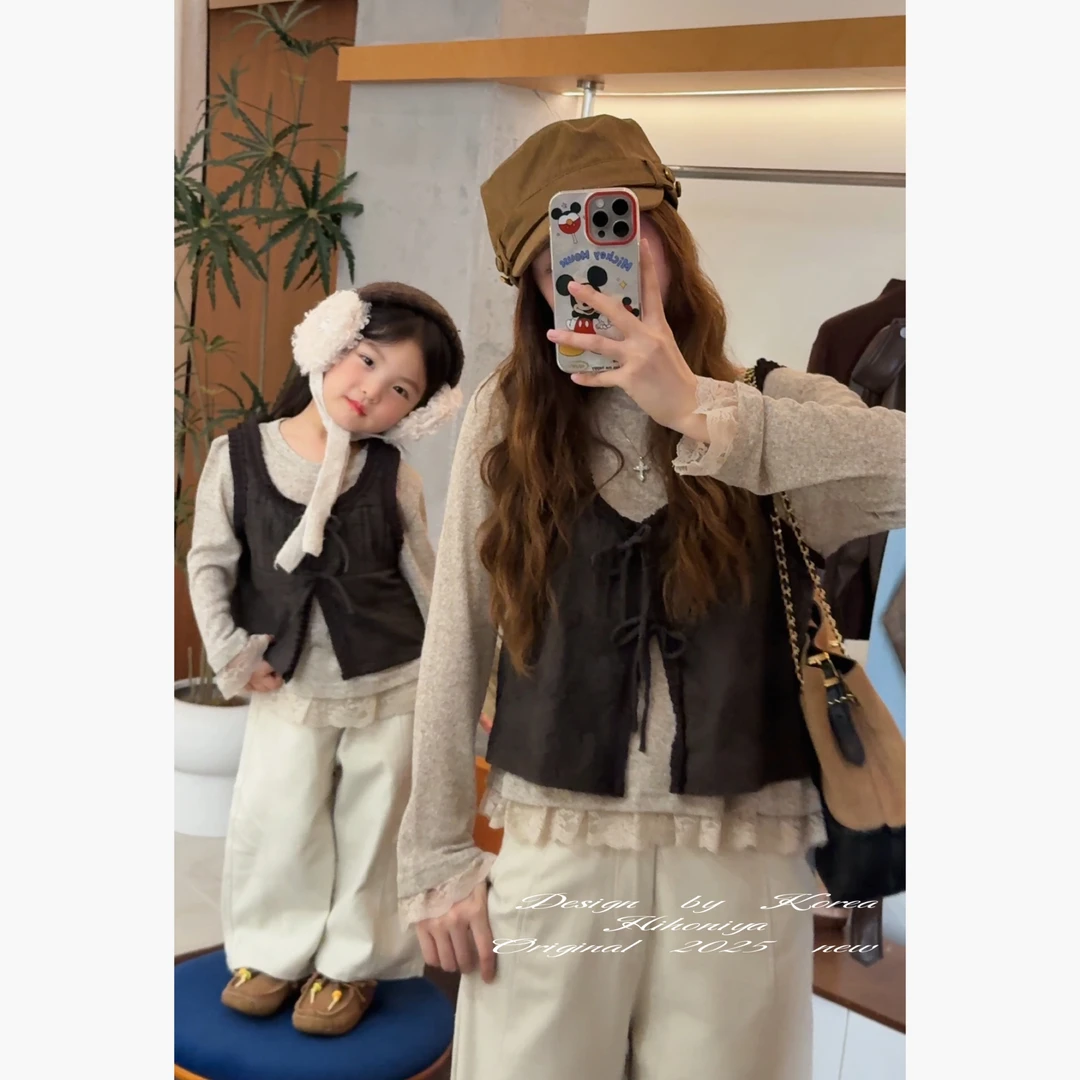 【洛克漫史】二Hihoniya~2025秋季亲子蕾丝拼接绑带马甲叠穿套装
