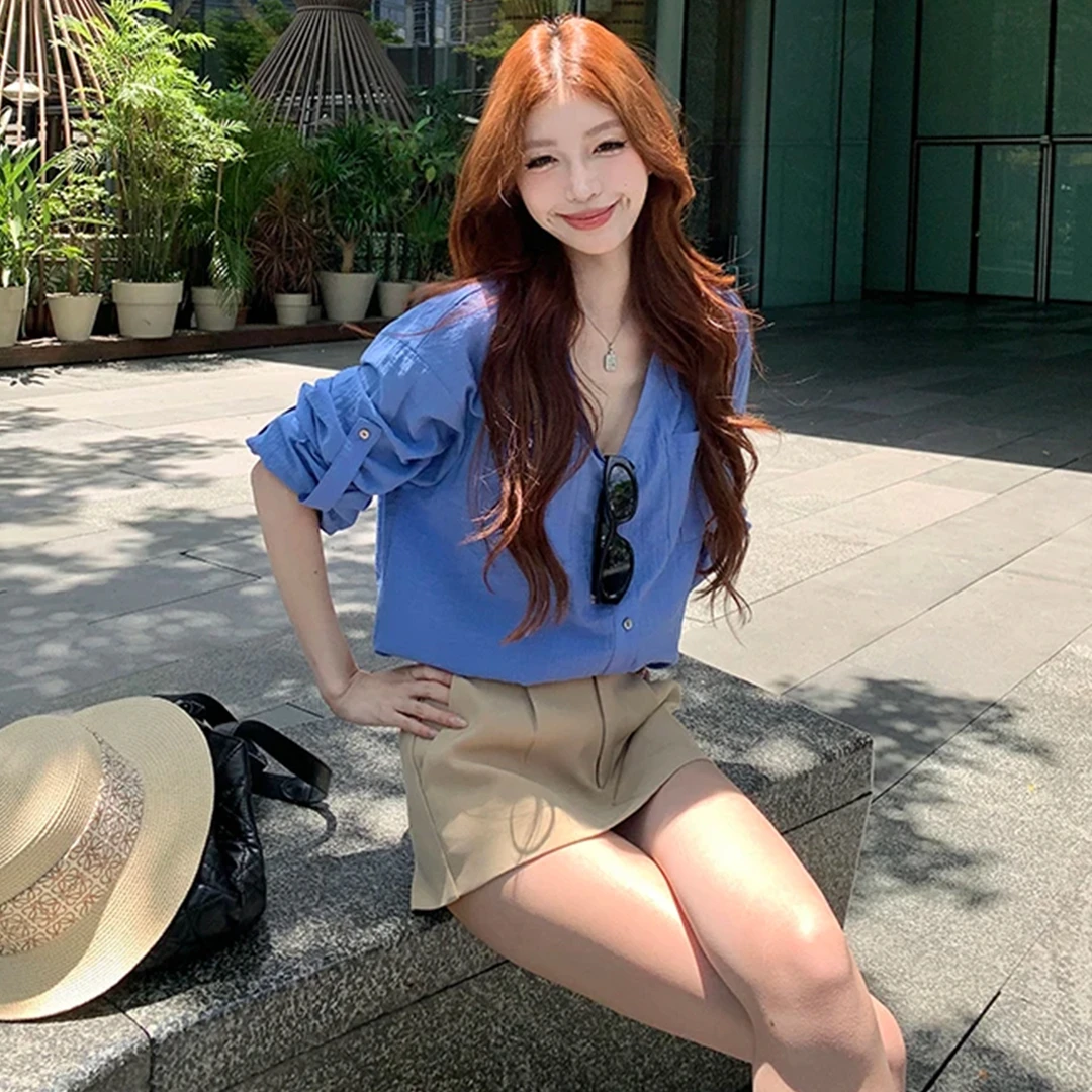 2025初秋新款克莱因蓝色衬衫外套女装早秋季韩系穿搭衬衣法式上衣