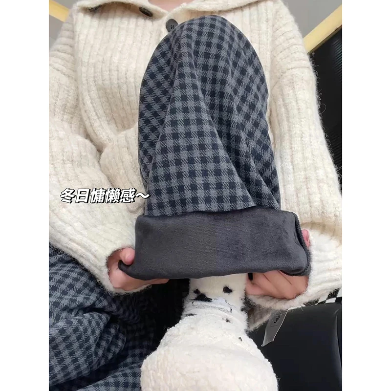 复古加绒格子裤子女宽松直筒秋冬2025新款休闲东北棉裤毛呢阔腿裤