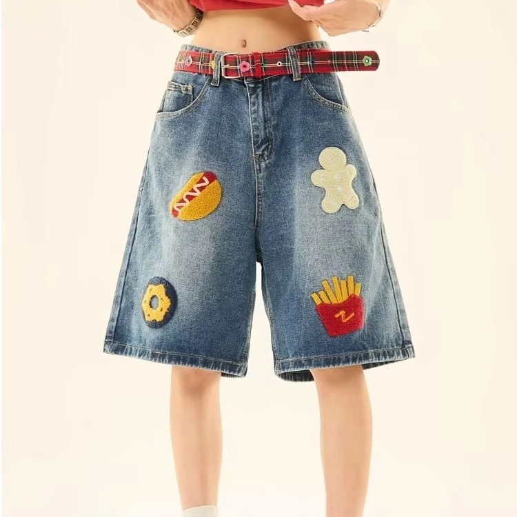 美式复古汉堡薯条毛巾绣牛仔短裤男女夏季宽松阔腿直筒五分裤