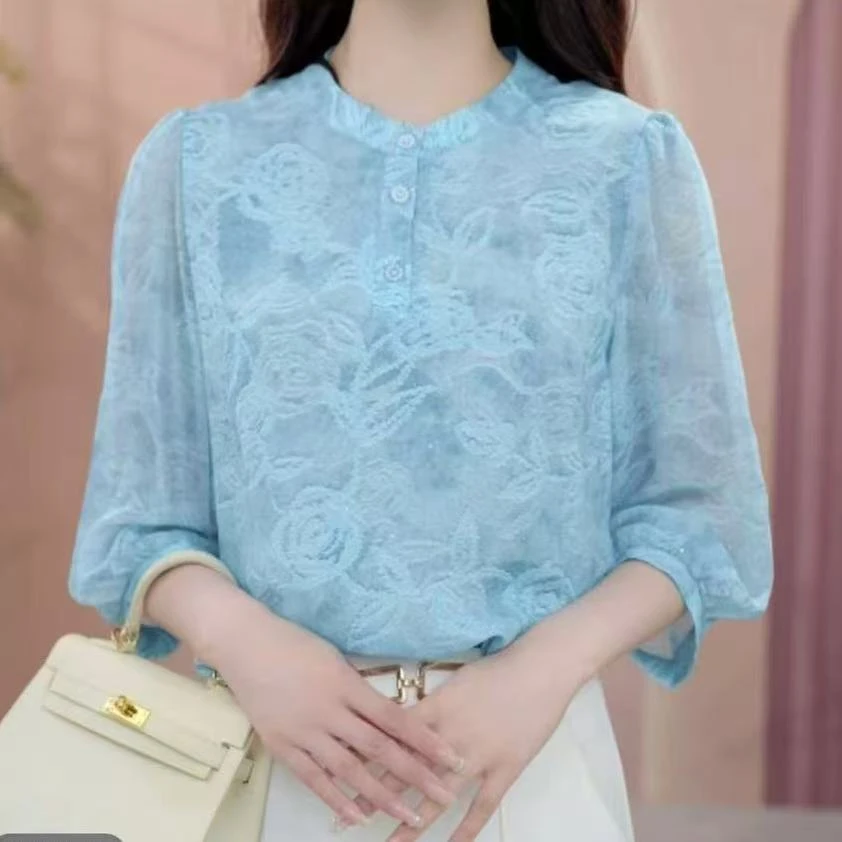 薄款七分袖夏季蕾丝立领女士衬衫中式上衣绣花老钱风
