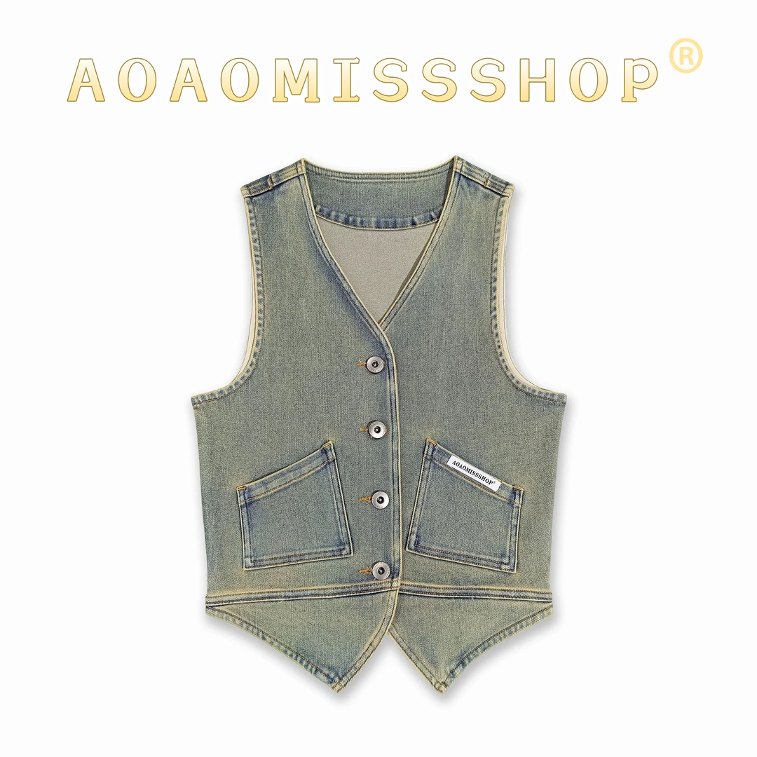 【复古牛仔单排扣马甲】AOAOMISSSHOP螯鳌家英伦风上衣37-1 60-2