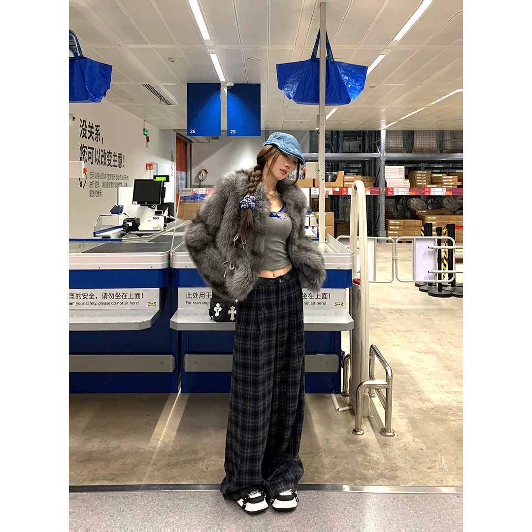 DREAM SEVEN77高腰休闲拖地格子长裤冬季裤子显瘦直筒百搭QN26415