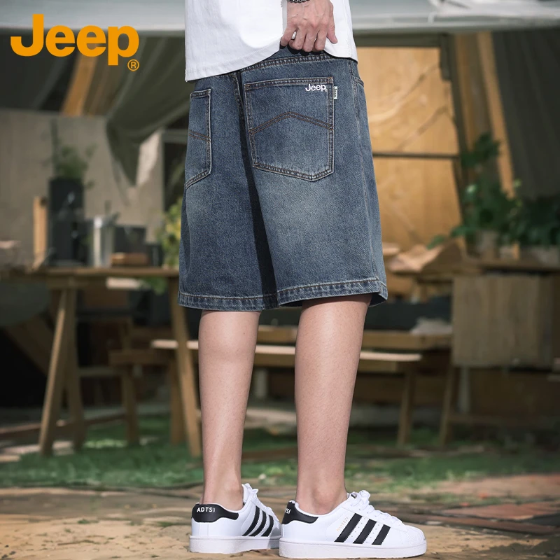 JEEP/吉普复古牛仔短裤男款七分夏季2025新款宽松直筒五分中裤子