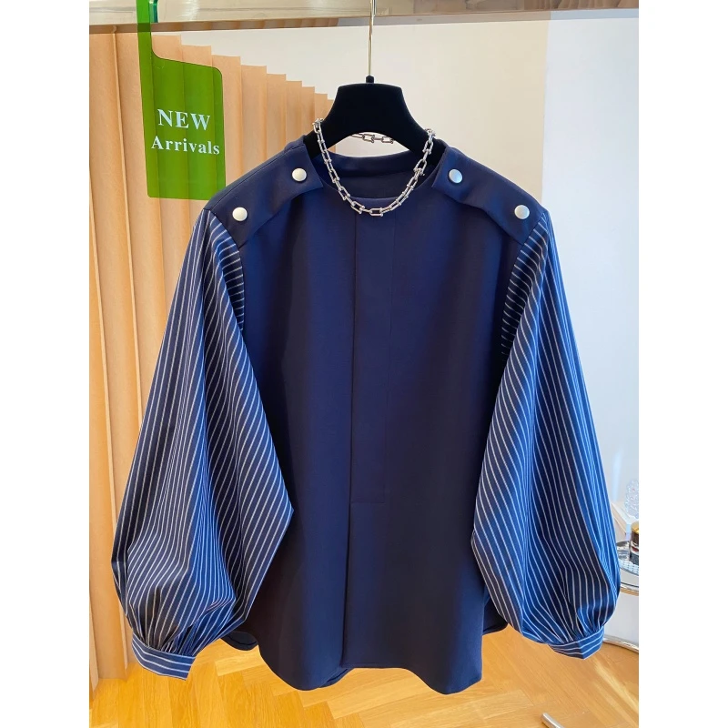 法式洋气300斤加大码条纹拼接卫衣初秋男女款洋气假两件潮酷上衣