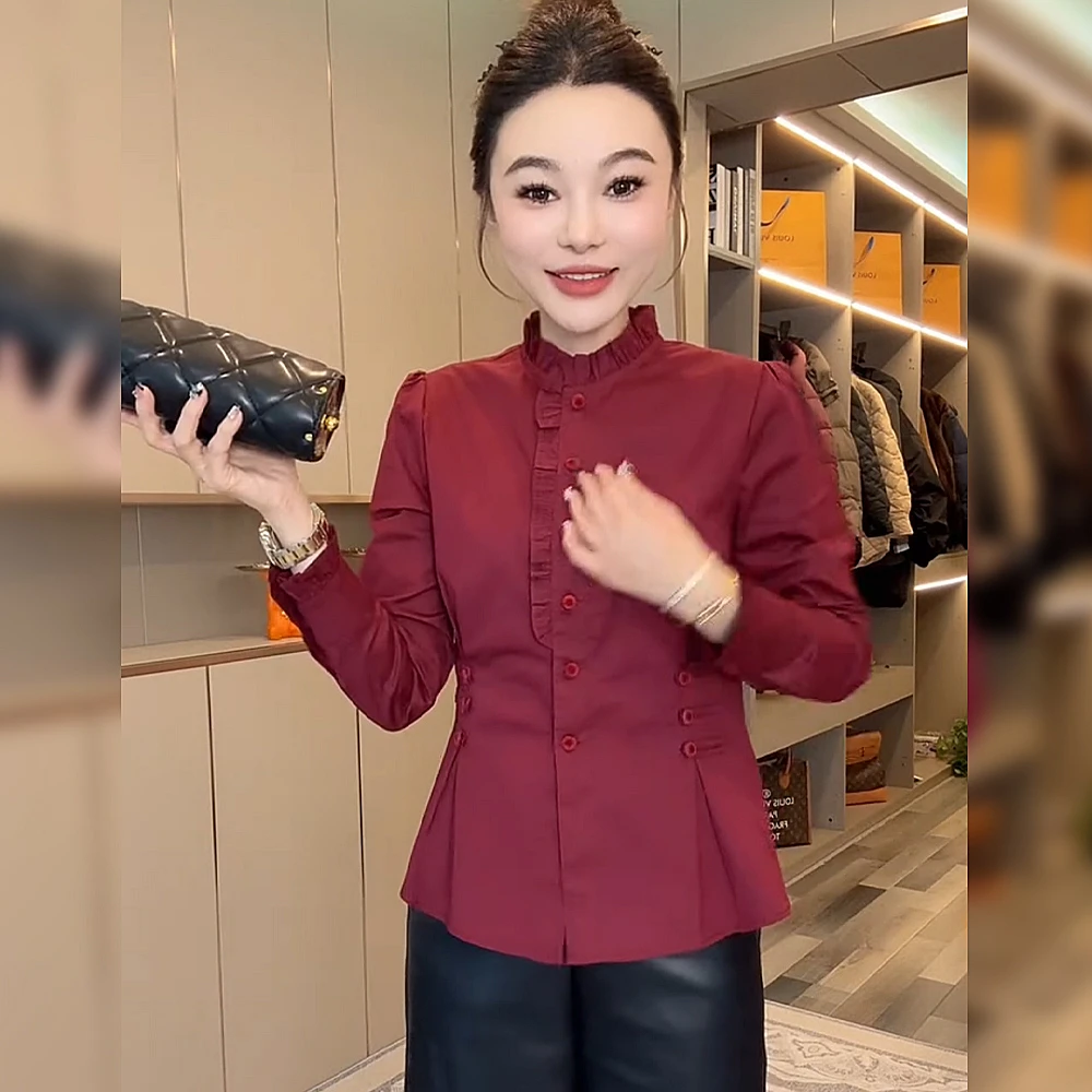 小清新纯色衬衫女2025秋冬新款时尚减龄木耳领气质百搭荷叶边上衣