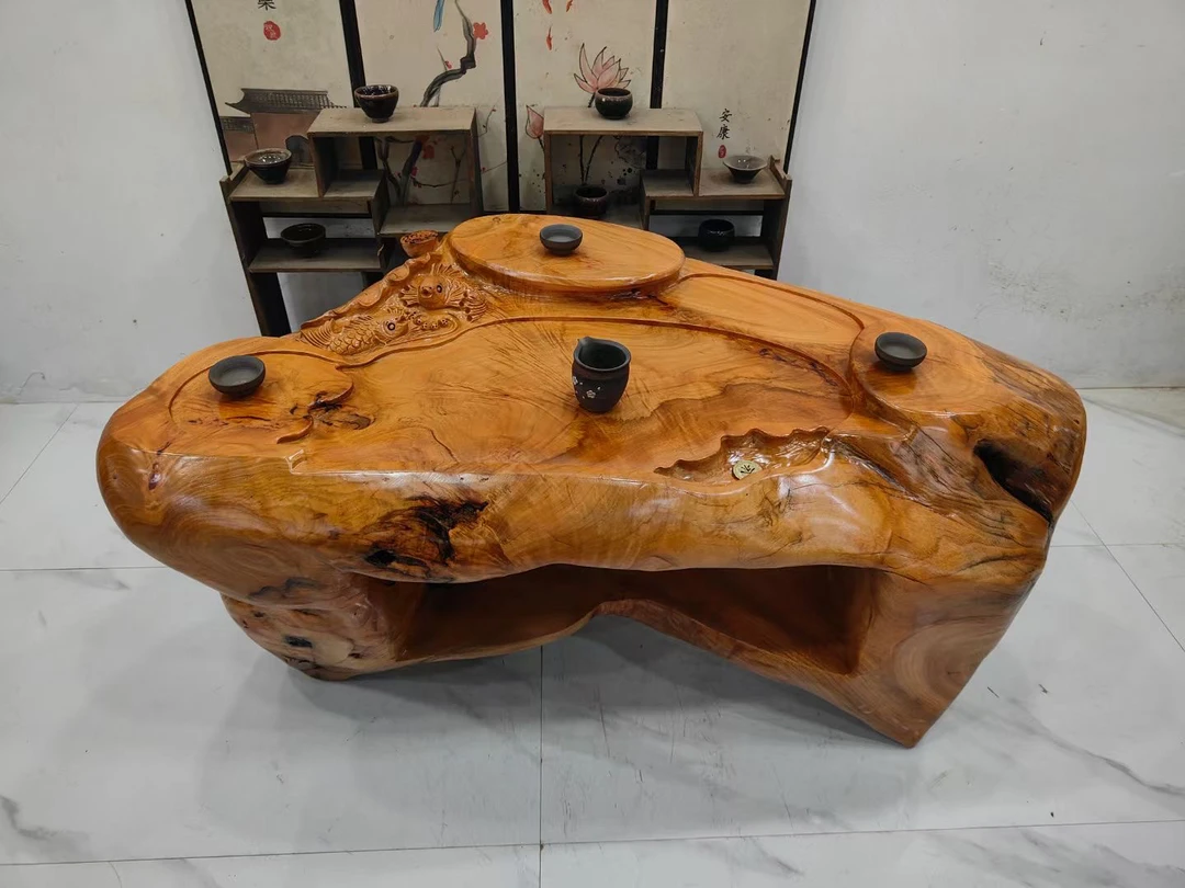D2838香樟木整体根雕茶台阳台客厅家用茶几荷塘月色