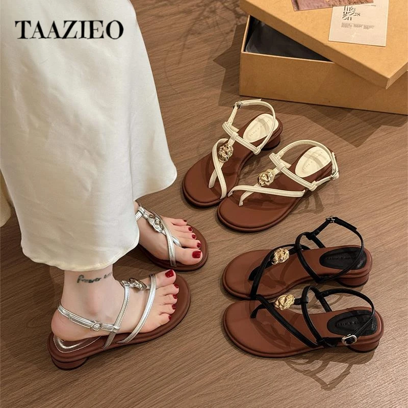 TAAZIEO百搭露趾凉鞋女网红2025仙女风复古法式绝美配裙子粗跟