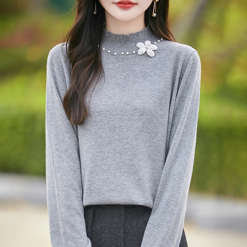 重工钉珠半高领针织打底衫女士毛衣新款洋气长袖保暖轻奢软糯毛衫
