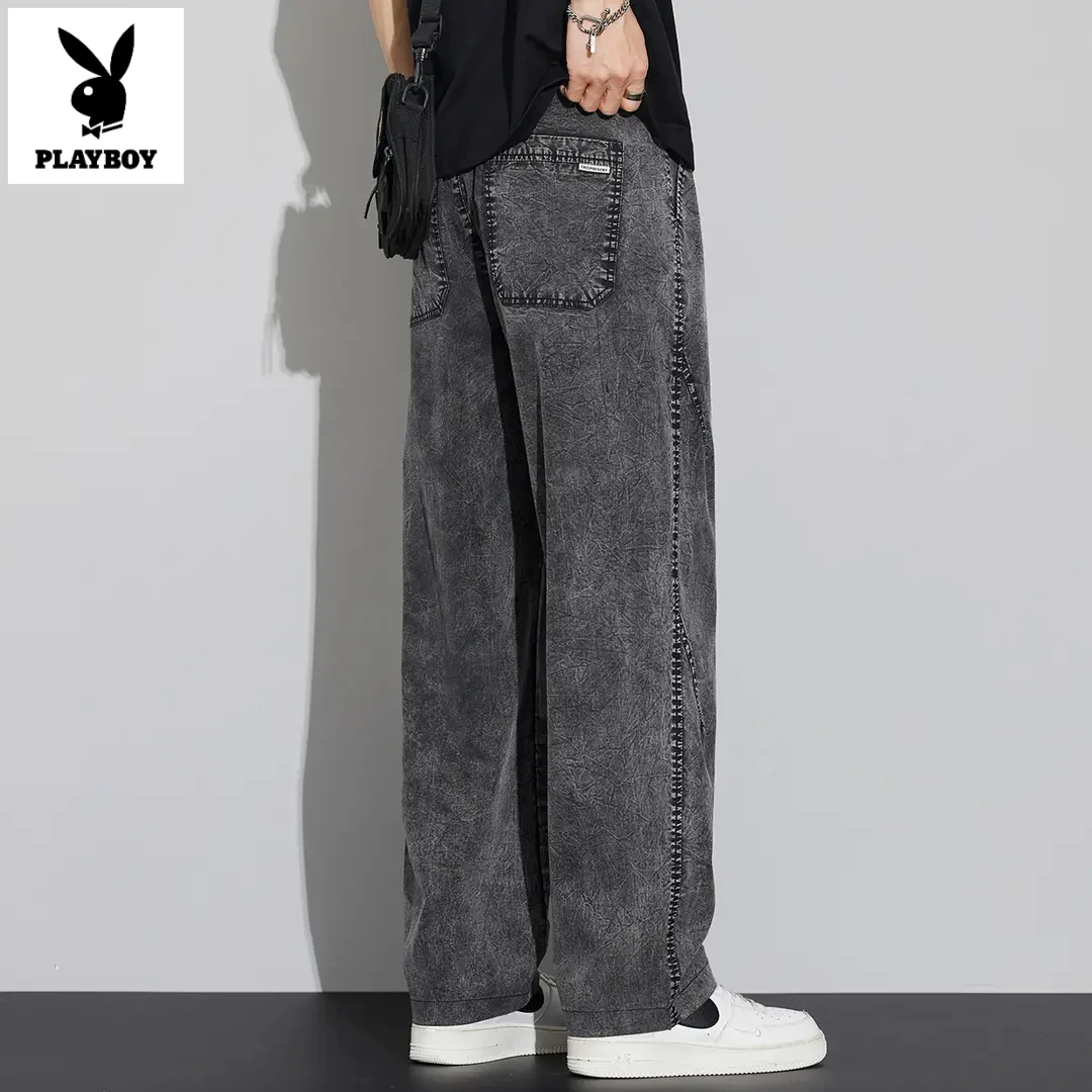 花花公子雪花天丝休闲裤男夏季2025新款美式潮流直筒阔腿男生长裤