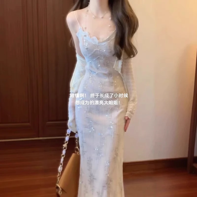 法式高级感白色吊带连衣裙外搭开衫简单大方温柔气质修身长裙夏季