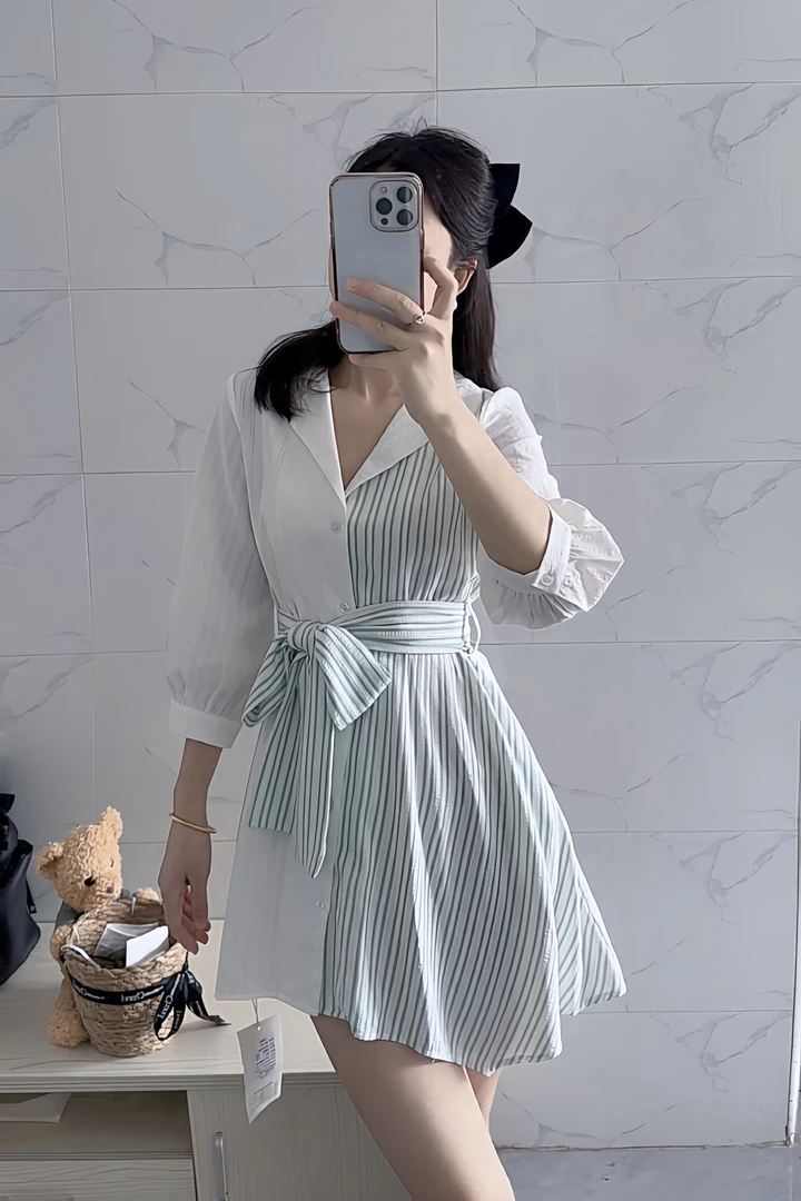 2025夏季新款高级感绝美裙子小个子小香风绿白条纹衬衫连衣裙