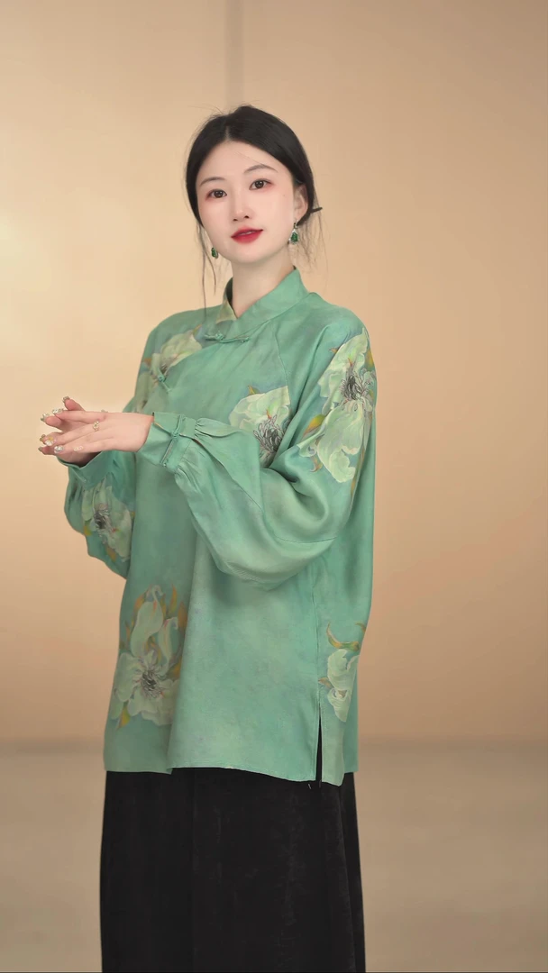 「静禾」新中式夏季复古春夏日常立领斜襟中国风古风绿色长袖衣服