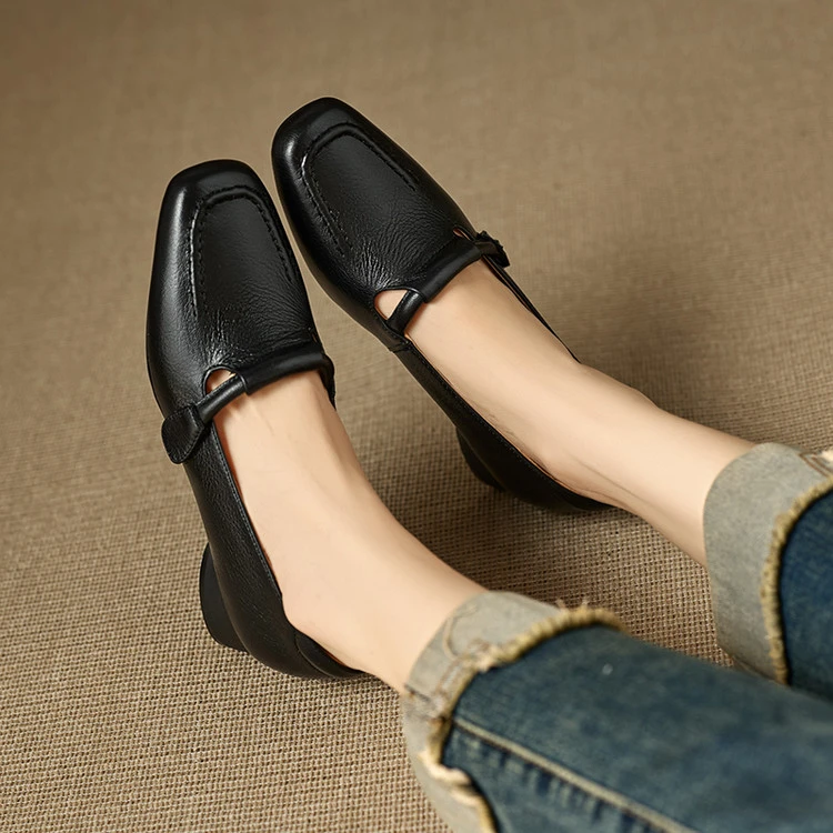 头层羊皮3cm～方头复古低跟舒适一脚蹬百搭乐福鞋深口单鞋粗跟新款