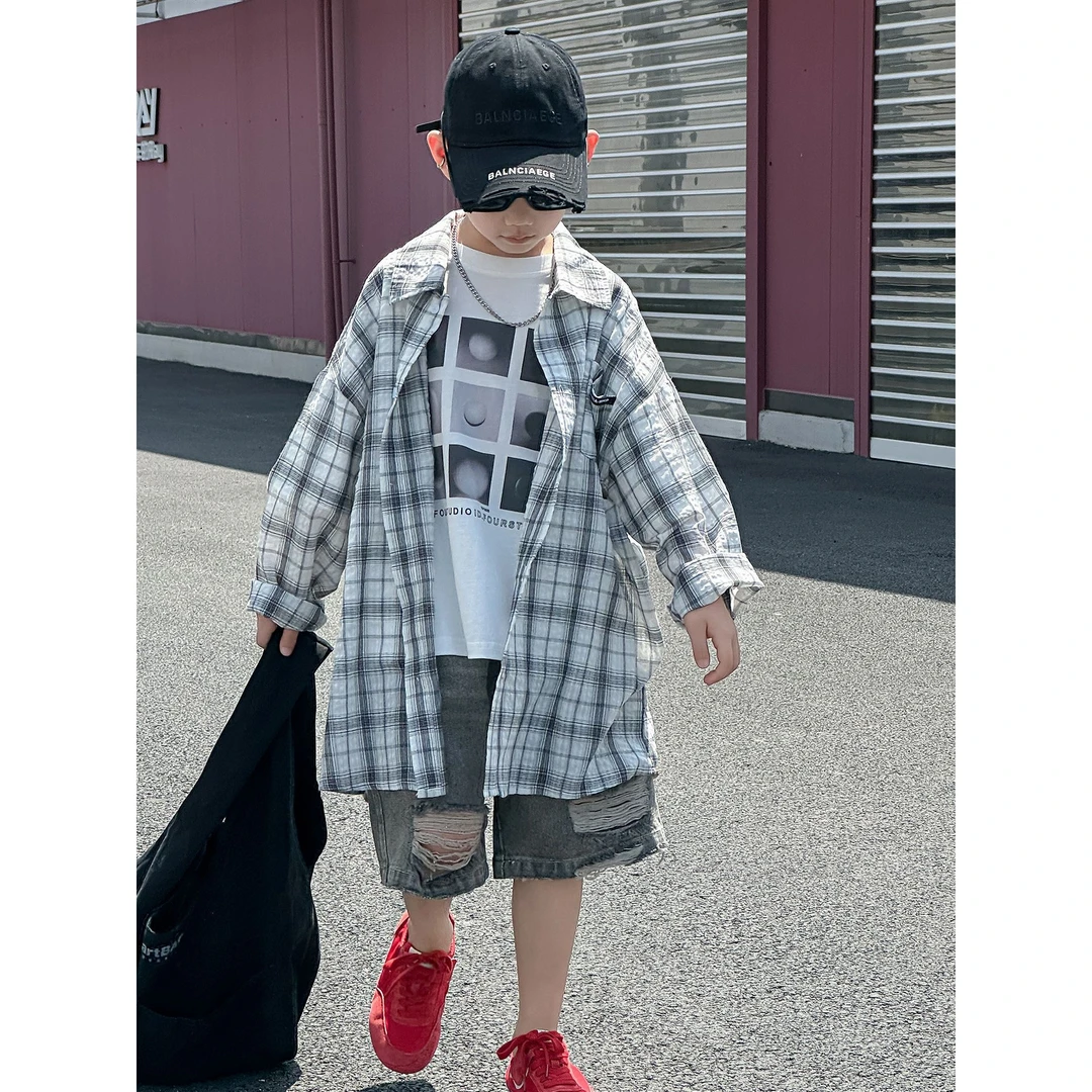 in 爱：mp25夏季男童宽松套装韩版儿童防晒空调服牛仔短裤潮5258