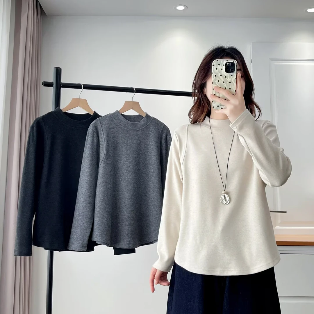 2025秋冬新款拼接半高领保暖打底T恤胖mm长袖显瘦内搭上衣