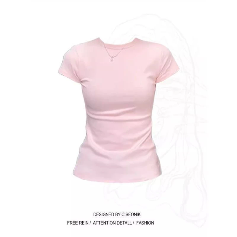 美式甜辣妹漫画腰正肩短袖T恤女圆领夏季粉色修身显瘦百搭上衣