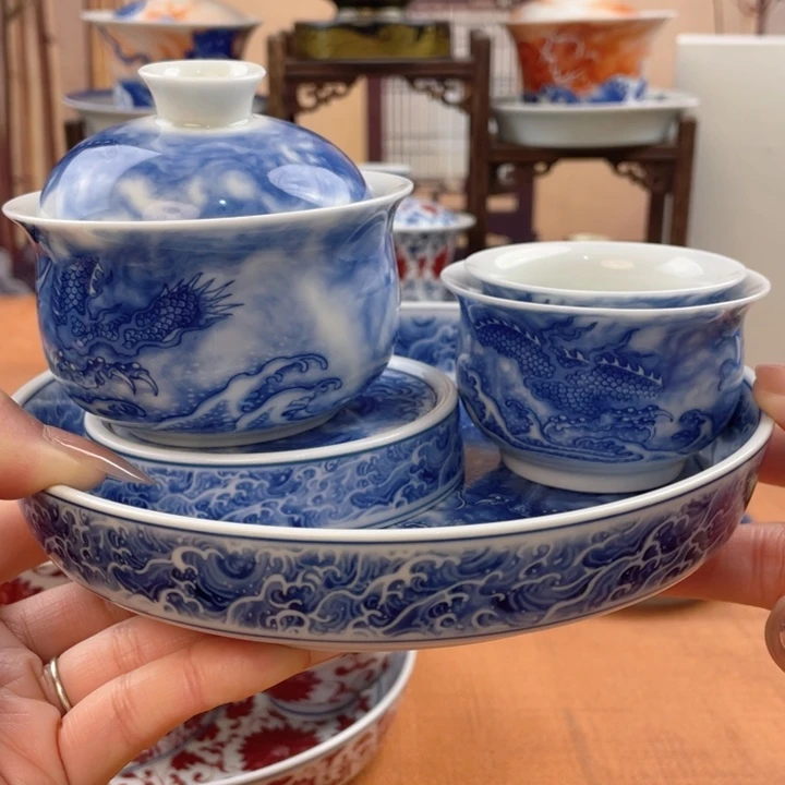 摆件陶青花龙吸水五件套