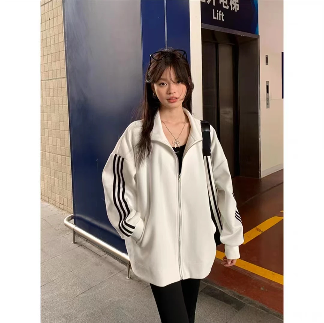 清清 宋正恩美式休闲条纹卫衣外套女秋冬韩系宽松翻领上衣ZE6548