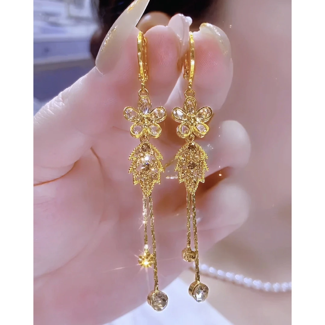 铜合金合成锆石耳饰 复古精致花朵树叶流苏耳环
