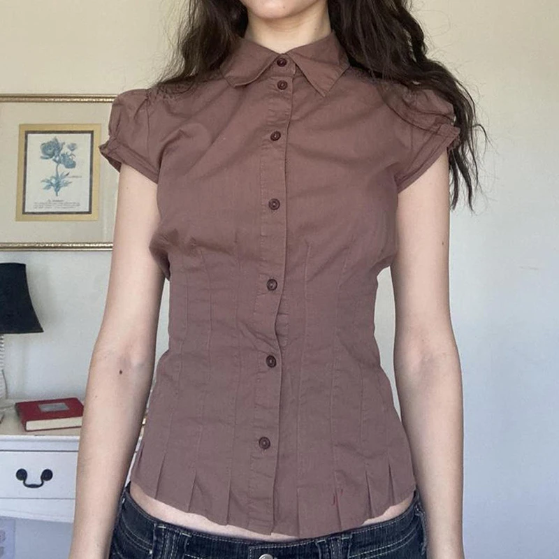 欧美都市风POLO领排扣褶皱收腰泡泡袖衬衫气质通勤百搭显瘦短袖