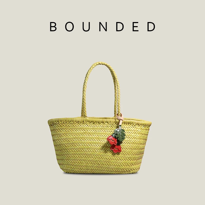 bounded有界 春夏氛围感托特菜篮子包头层牛皮手工编织手提大包