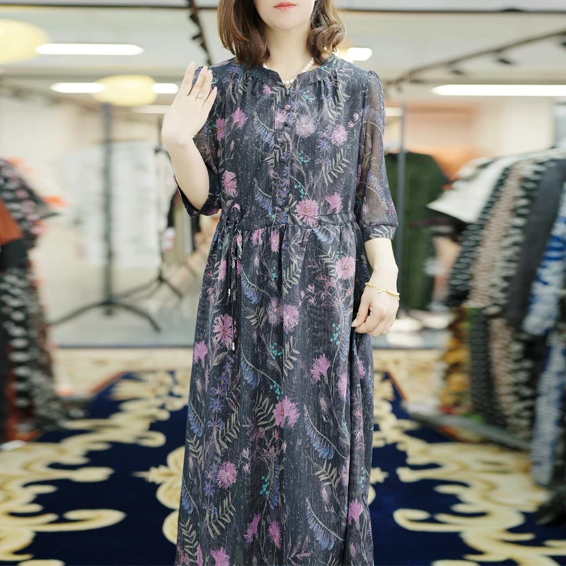 【丝绸之路】夏季新款女装收腰印花百搭高腰连衣裙洋气妈妈装6434