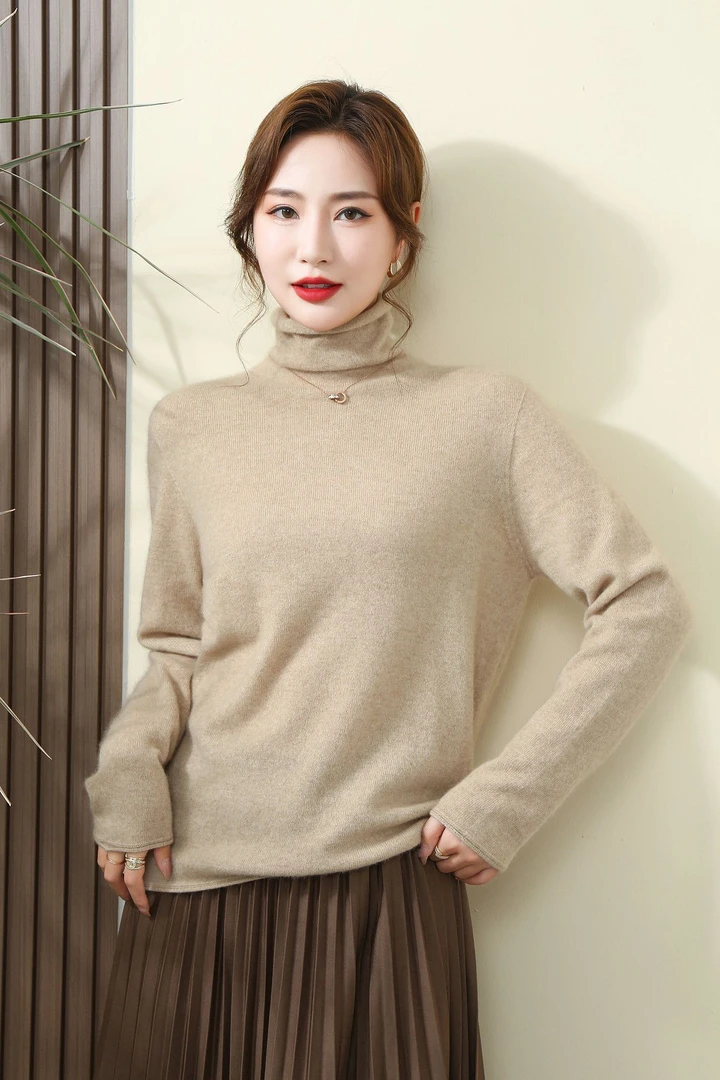 hanyang/晗洋女式自由领羊绒打底衫女羊绒衫堆堆领针织衫百搭长袖