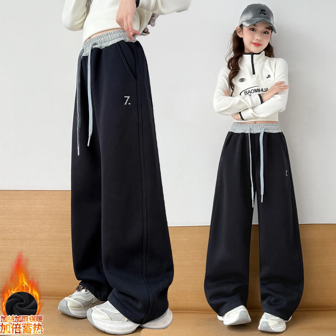 女童裤子加绒秋冬装2025新款儿童加厚卫裤女大童宽松休闲裤弯刀裤