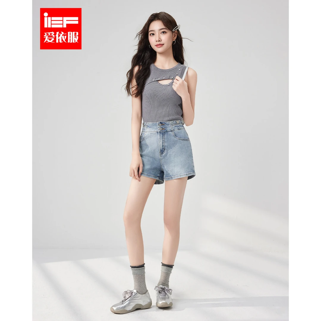 IEF/爱依服2025夏季新款韩版简约通勤气质辣妹显瘦牛仔短裤流光风