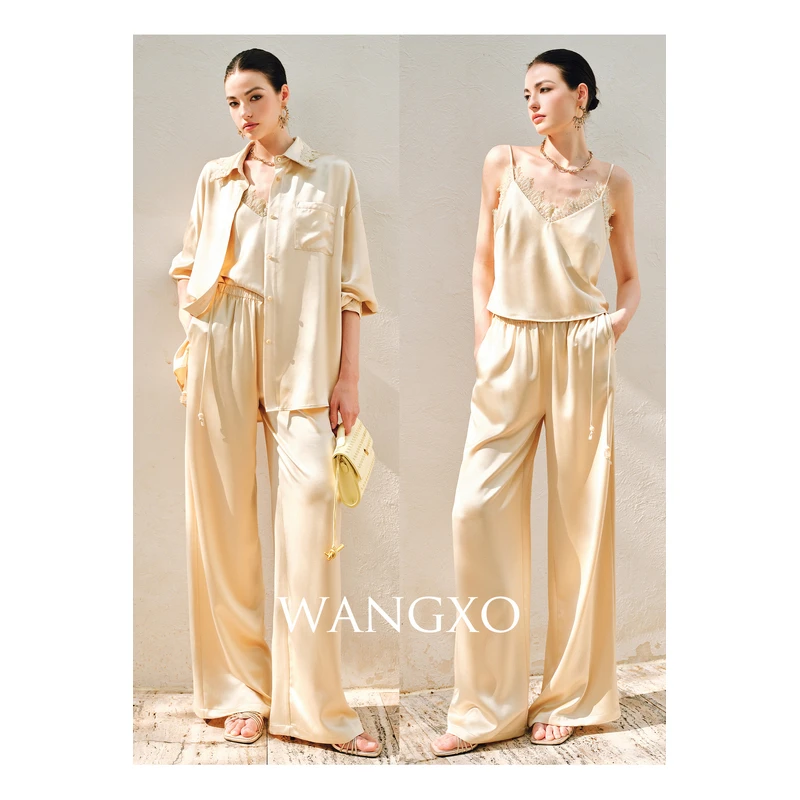 WANGXO 松弛轻奢翻领花边衬衫长裤套装 253227W