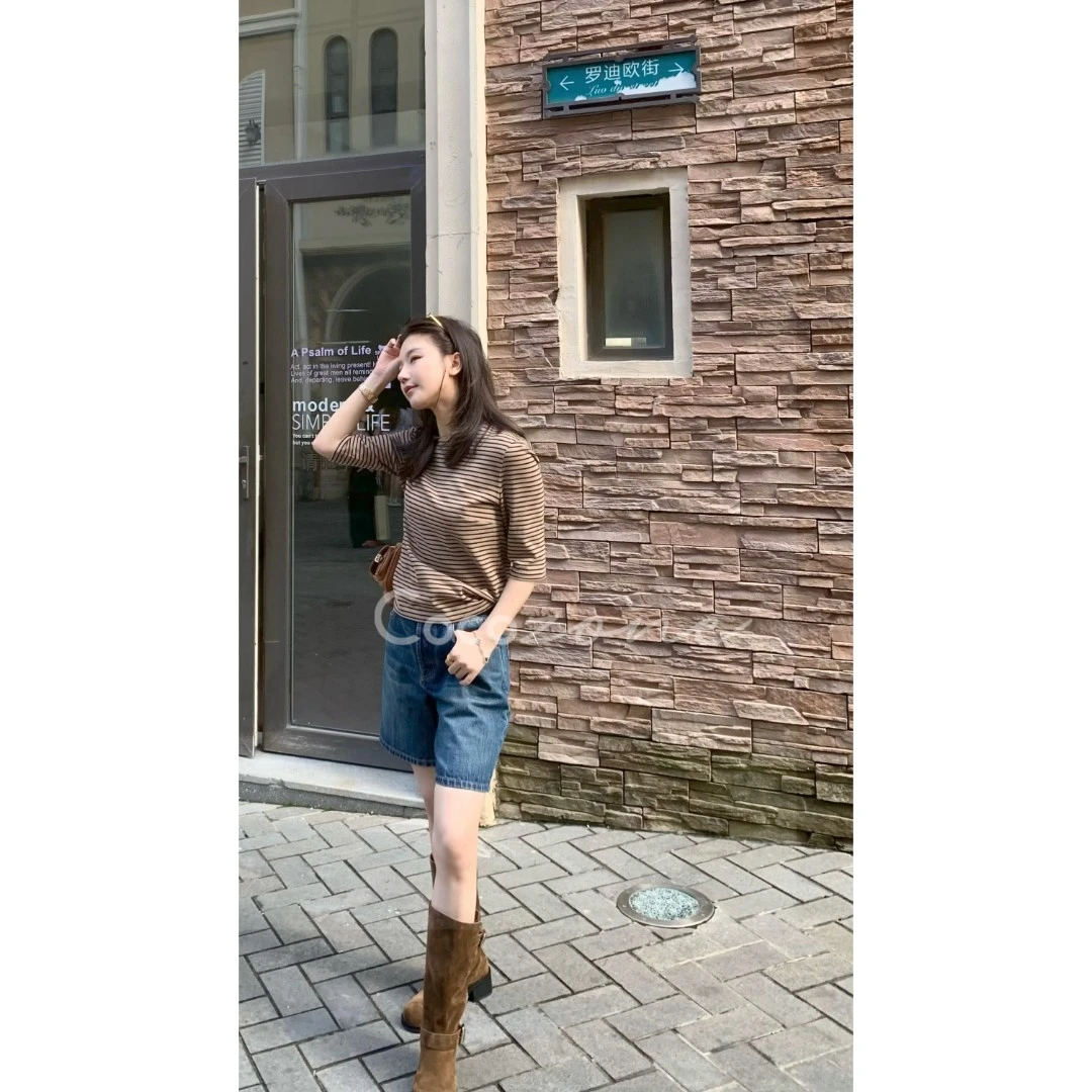 COCO ZONE 刘一一【100棉】层次感随性经典条纹T恤 CD2A1419