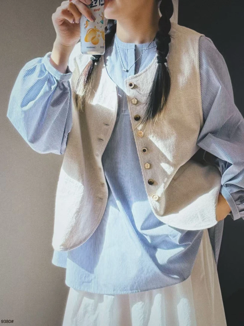 复古棉麻亚麻马甲外搭纯色宽松背心上衣马夹C5466