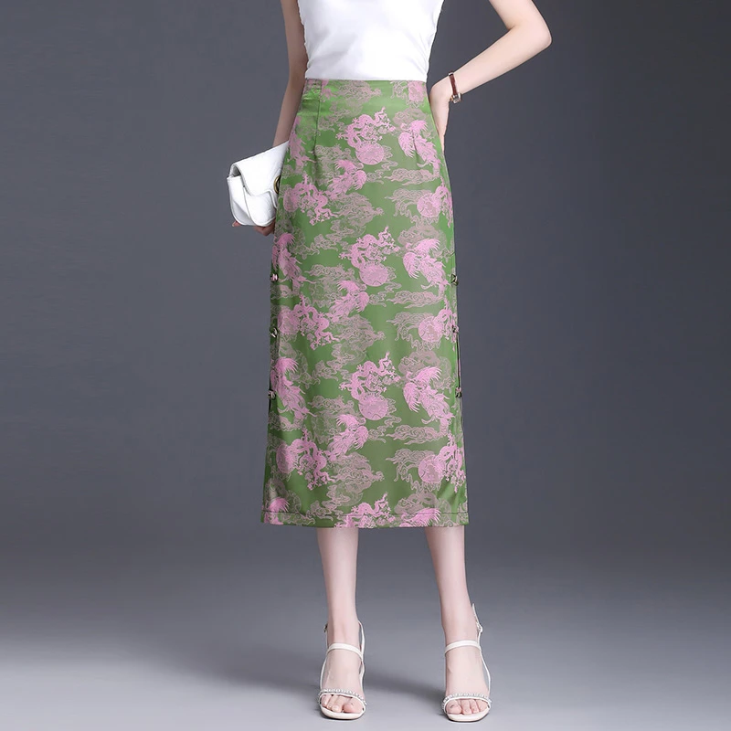 国风盘扣开叉直筒裙女夏季2025新款显瘦印花包臀半身裙中长一步裙