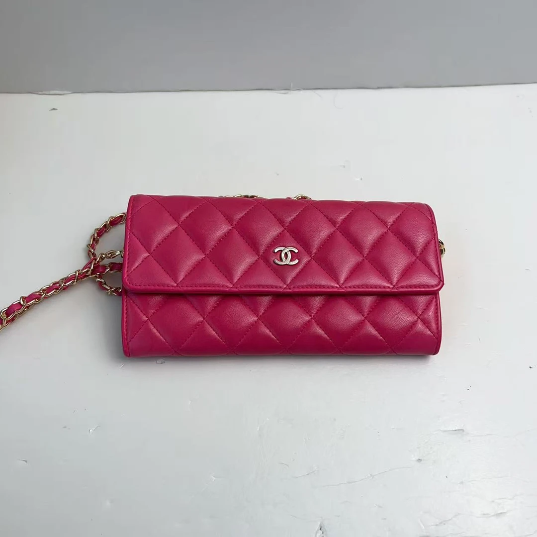 95新 Chanel/香奈儿 香奈儿玫粉色菱格纹百搭钱包
