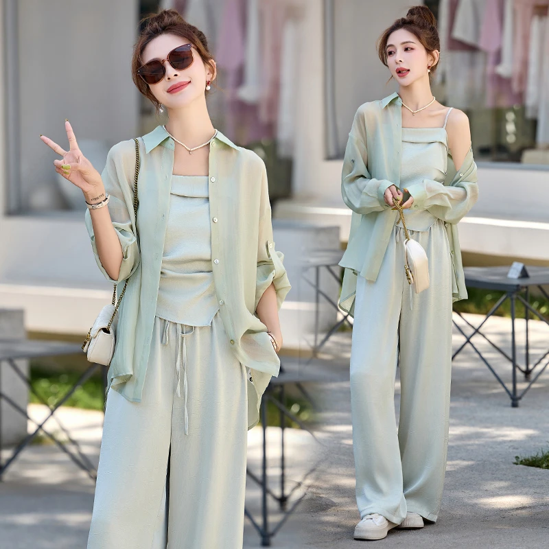 三件套显瘦气质洋气时尚休闲夏季薄款宽松复古春夏防晒衬衣阔腿裤