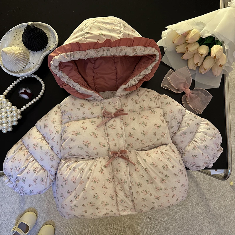 童装女童2024新款冬装女宝宝加绒加厚棉衣小童韩版碎花连帽面包服