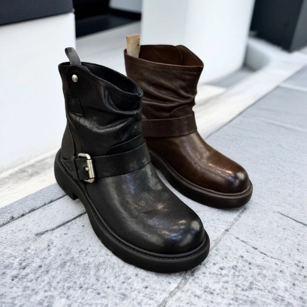 圆头牛皮女靴复古防滑褶皱平底中国风舒适软底百搭短靴靴子秋冬款