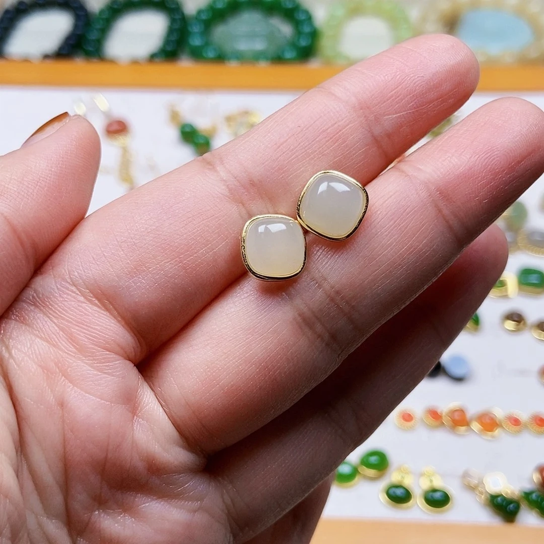 和田玉耳饰银S925镶嵌