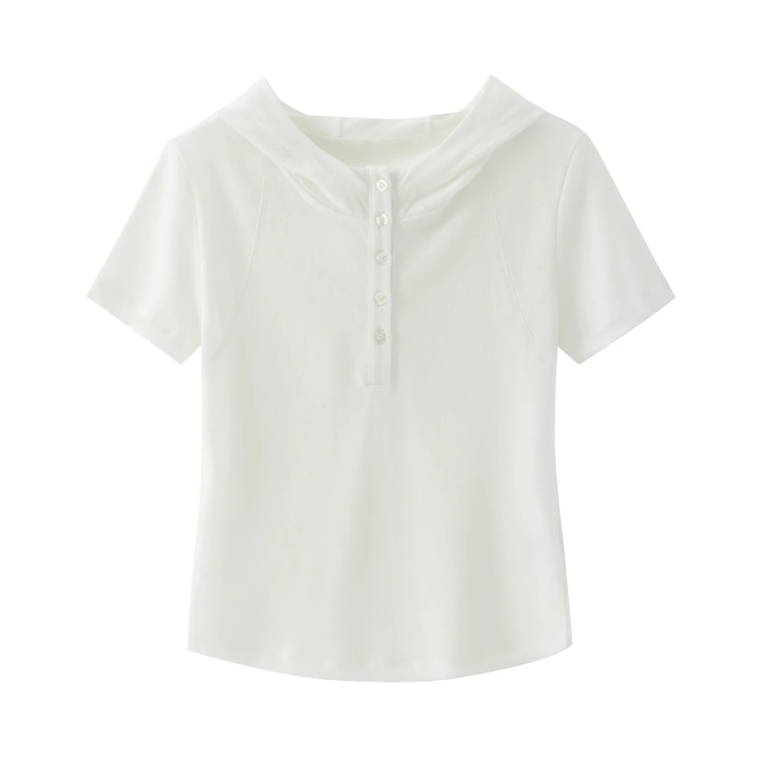 【多多】【6148】2025新款法国雨露麻纽扣设计短袖帽衫打底衫