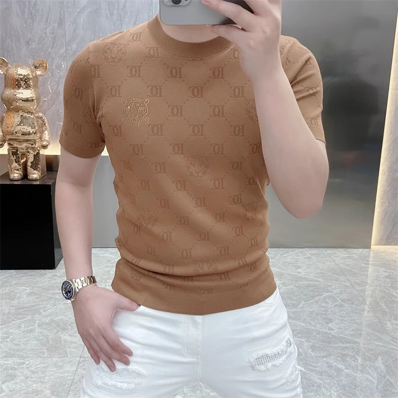 2025欧货轻奢男士针织冰丝短袖T恤烫钻时尚百搭夏季半袖上衣25253