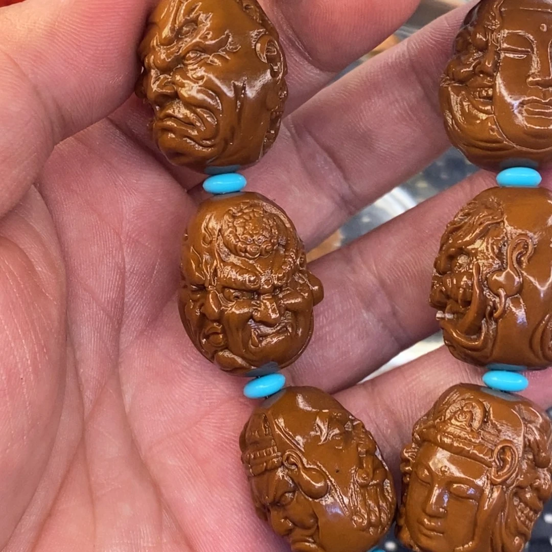 山鬼四面雕刻手串黄金树沉水核手串