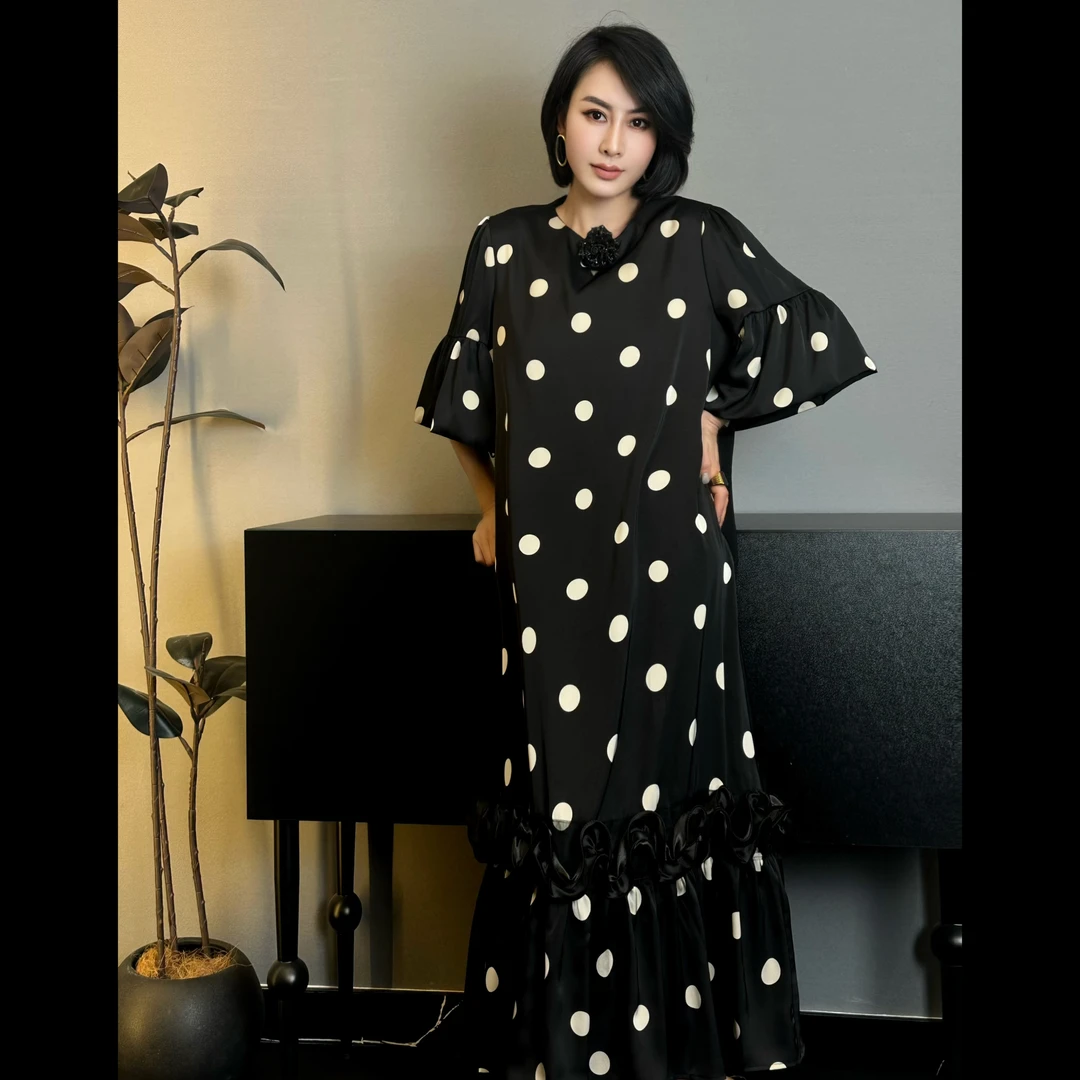 ER31夏季新款波点印花复古泡泡袖大摆慵懒风宽松长连衣裙