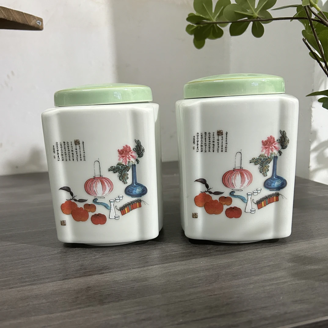 羊脂玉柿子四方陶瓷茶叶罐防潮密封储物罐摆件瑕疵福利品介意勿拍