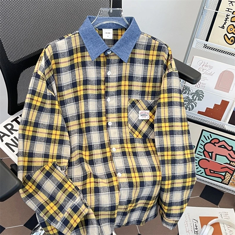 2025美式复古格纹宽松休闲长袖衬衫男女百搭撞色秋季情侣衬衣外套