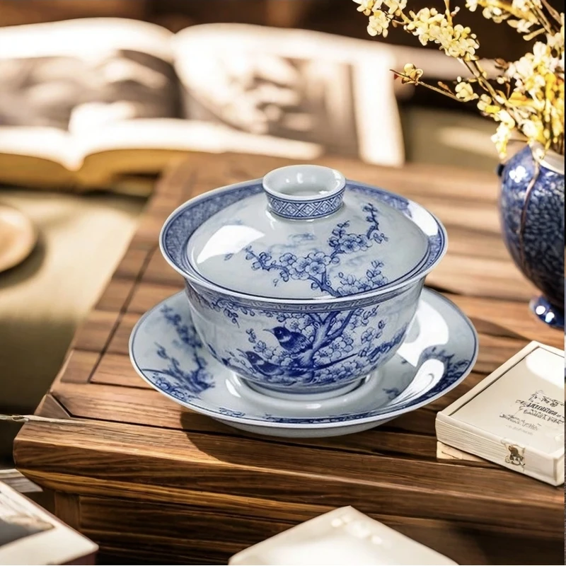 青花瓷喜上眉梢三才盖碗茶具高端防烫手正宗景德镇悬停泡茶釉下彩