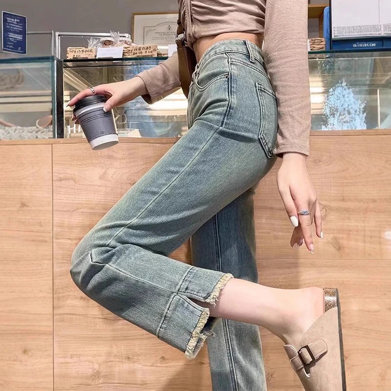 浅蓝色开叉烟管牛仔裤女夏季2025新款小个子毛边复古窄版直筒裤韩